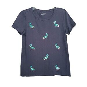 Talbots Cotton Navy Blue Sequined Peacocks Short Sleeve T-Shirt Size Medium